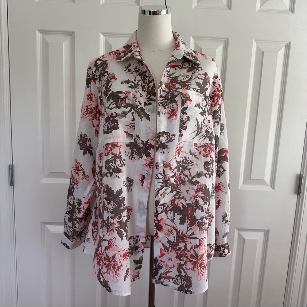 Lord & Taylor Floral Button Down Shirt Linen Orange Brown Size OX